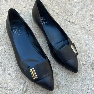 AGL Women's Black Leather Pointy Toe Flats with Silver Detail Size 42 / 12